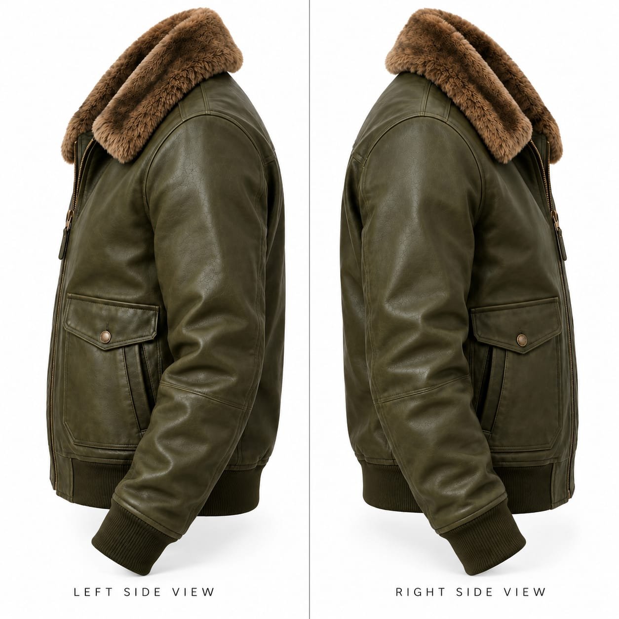 Men’s Olive Green Leather Bomber Jacket with Brown Fur Collar - Image 3