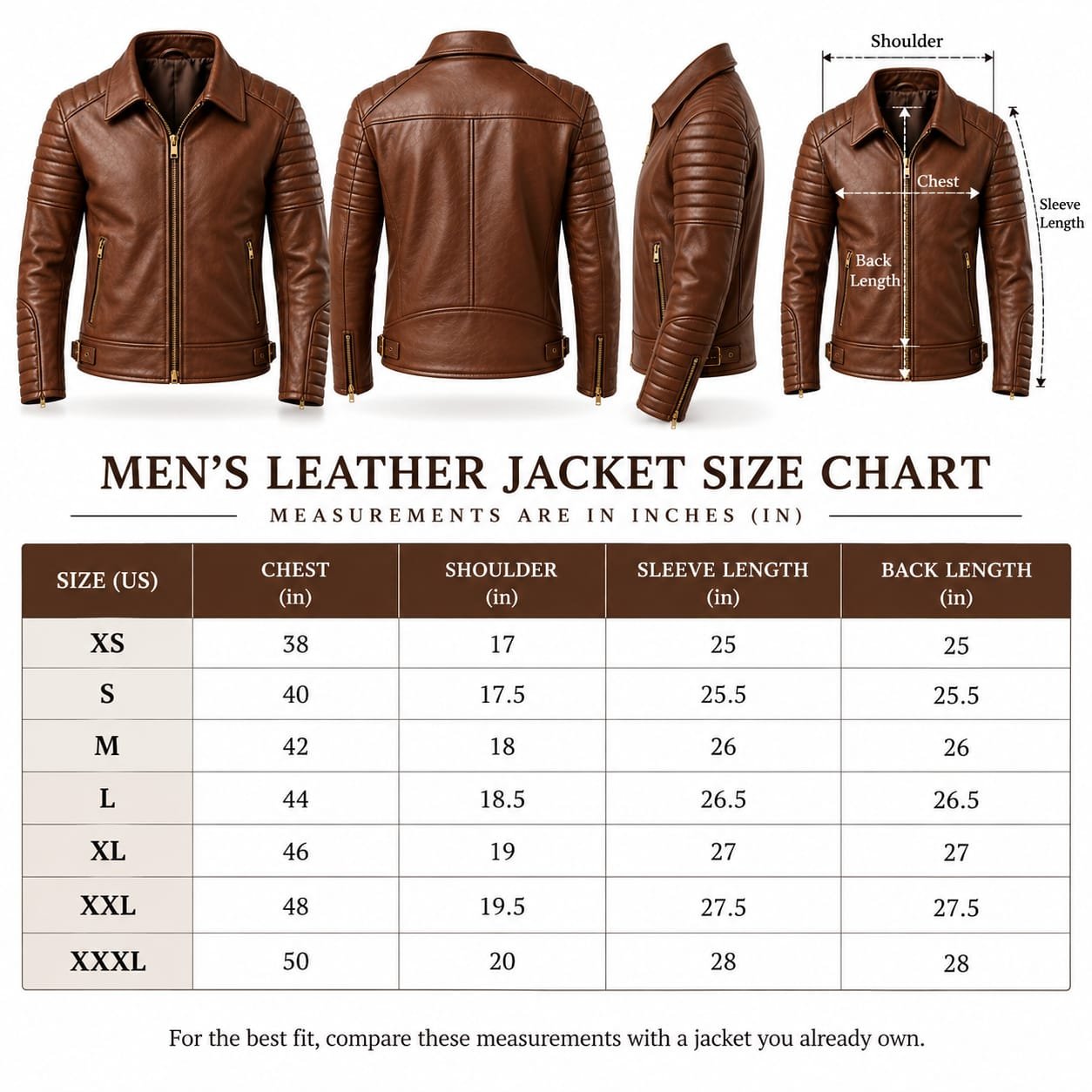 Men’s Brown Leather Biker Jacket | Quilted Shoulder & Sleeves Motorcycle Jacket - Image 6
