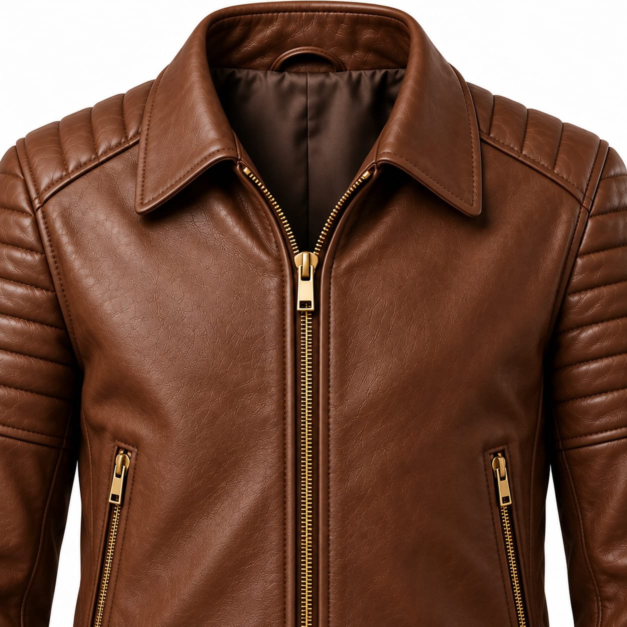 Men’s Brown Leather Biker Jacket | Quilted Shoulder & Sleeves Motorcycle Jacket - Image 3