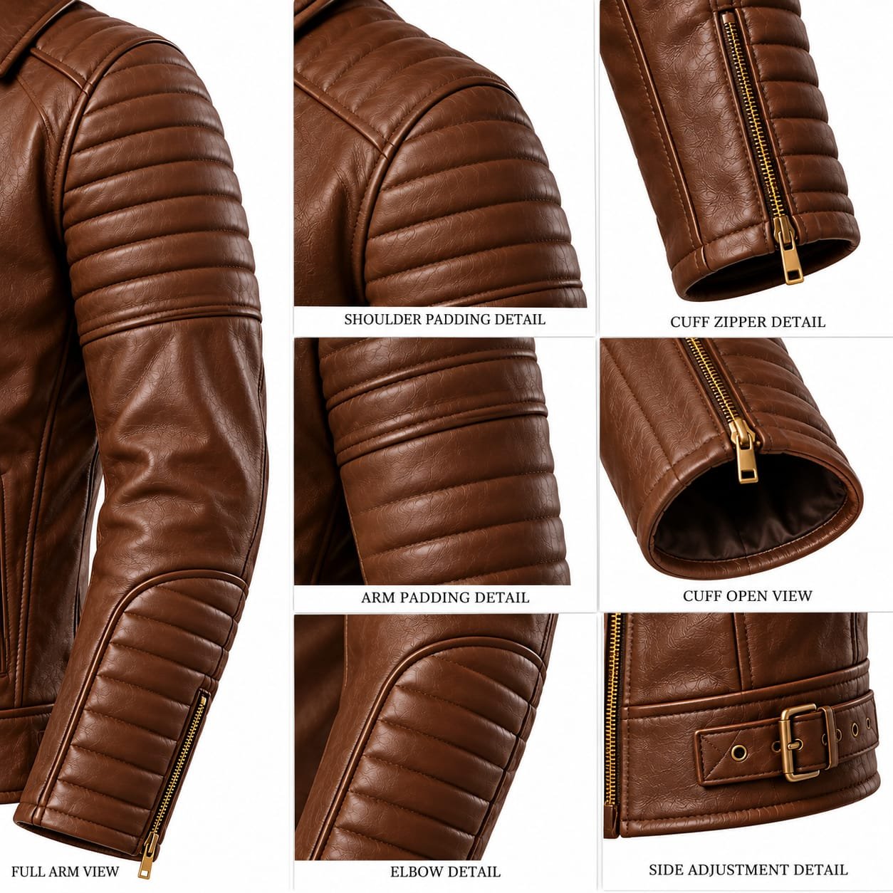 Men’s Brown Leather Biker Jacket | Quilted Shoulder & Sleeves Motorcycle Jacket - Image 4