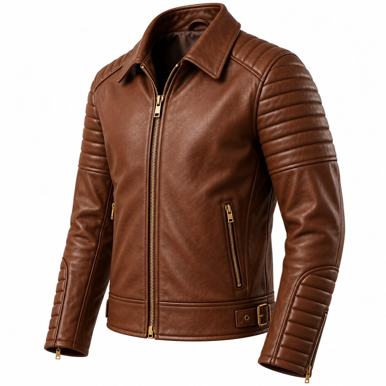 Men’s Brown Leather Biker Jacket | Quilted Shoulder & Sleeves Motorcycle Jacket - Image 5