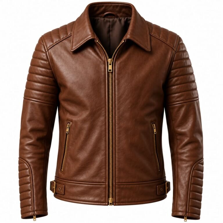 Men’s brown leather biker jacket with quilted shoulders and sleeves, gold-tone zippers and waist buckle details on white background
