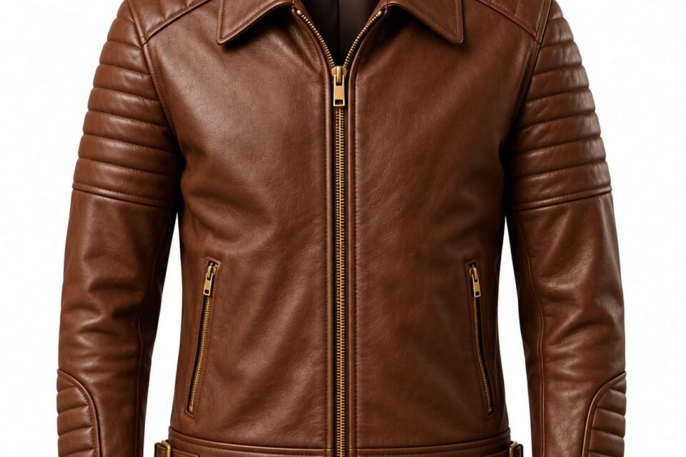 Men’s brown leather biker jacket with quilted shoulders and sleeves, gold-tone zippers and waist buckle details on white background