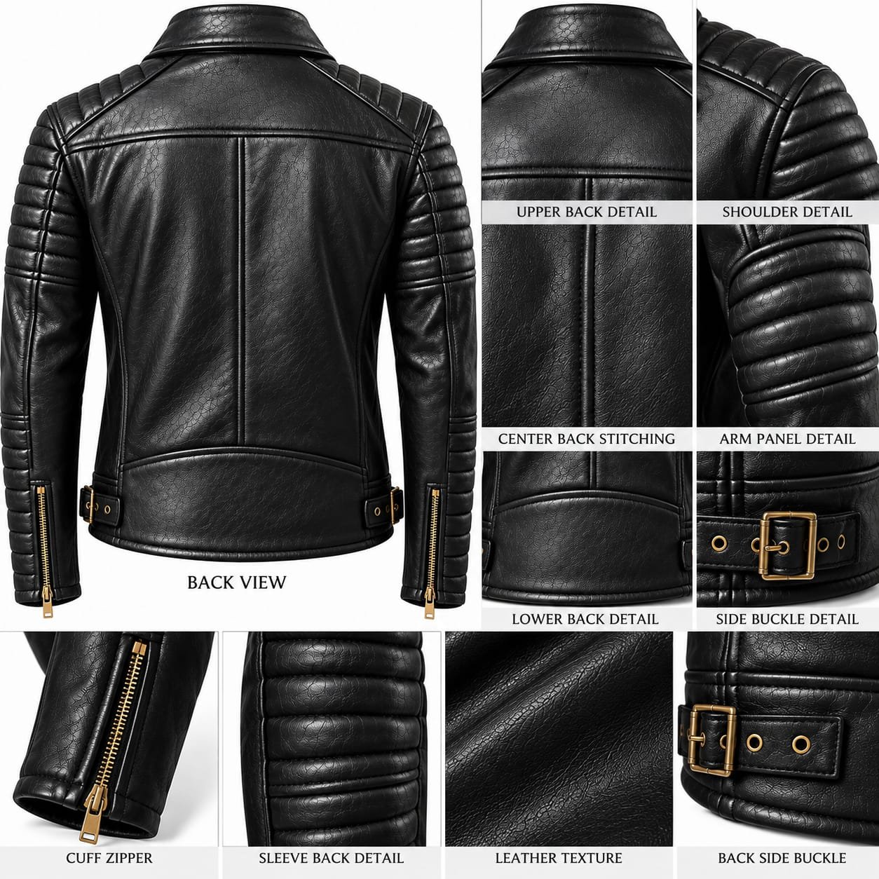 Men’s Black Leather Biker Jacket | Quilted Shoulder & Sleeve Motorcycle Jacket - Image 4