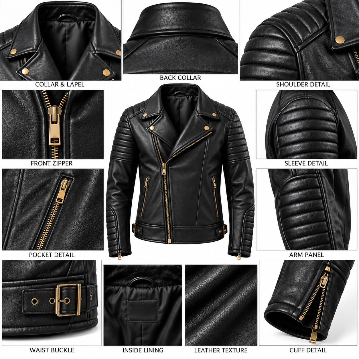 Men’s Black Leather Biker Jacket | Quilted Shoulder & Sleeve Motorcycle Jacket - Image 3