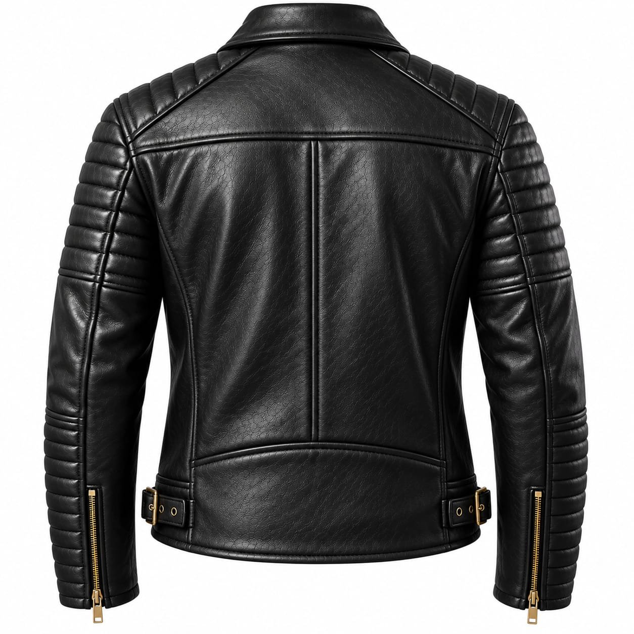 Men’s black leather biker jacket with quilted shoulders and sleeves, asymmetrical front zipper, gold-tone hardware, zip pockets, snap lapels, and adjustable waist belt.