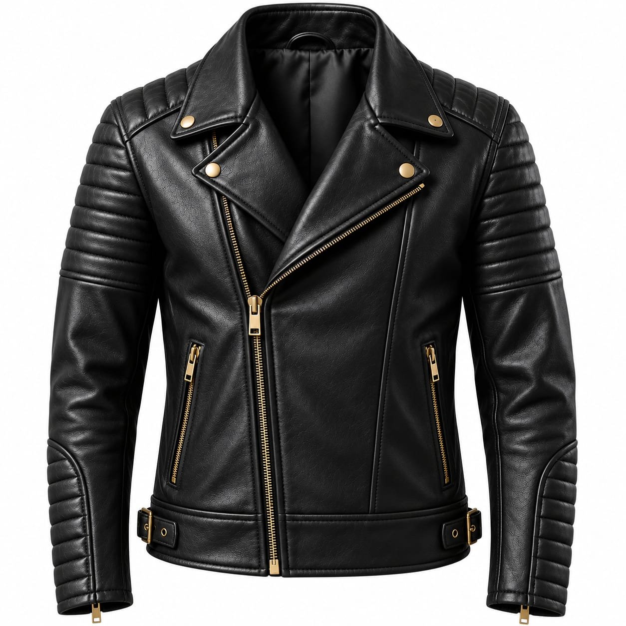 Men’s black leather biker jacket with quilted shoulders and sleeves, asymmetrical front zipper, gold-tone hardware, zip pockets, snap lapels, and adjustable waist belt.