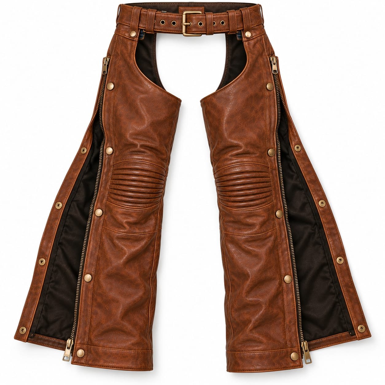 Men’s brown leather biker chaps with full-length side zippers