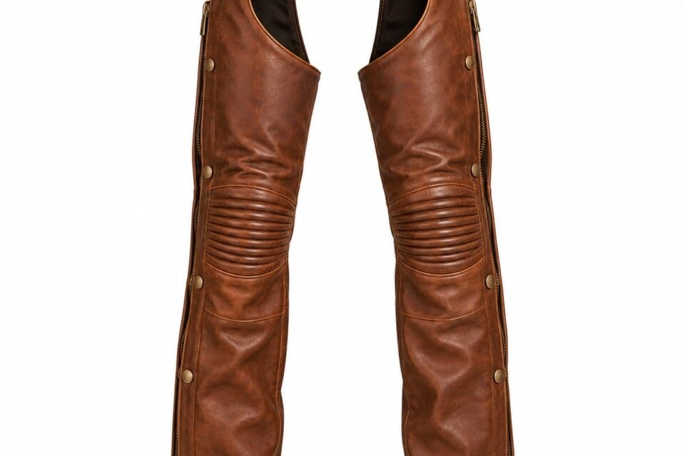 Brown leather motorcycle riding chaps with adjustable belt