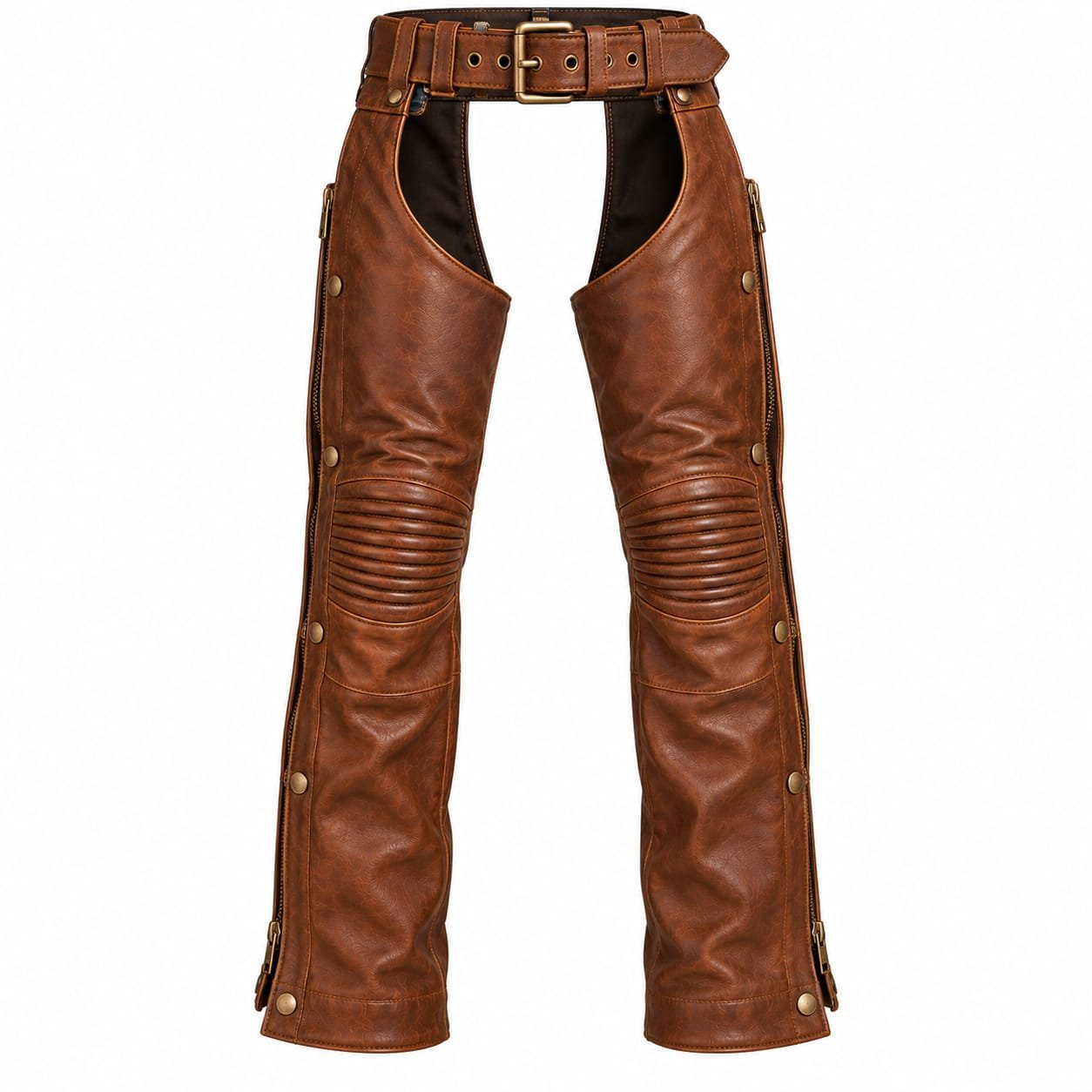 Brown leather motorcycle riding chaps with adjustable belt