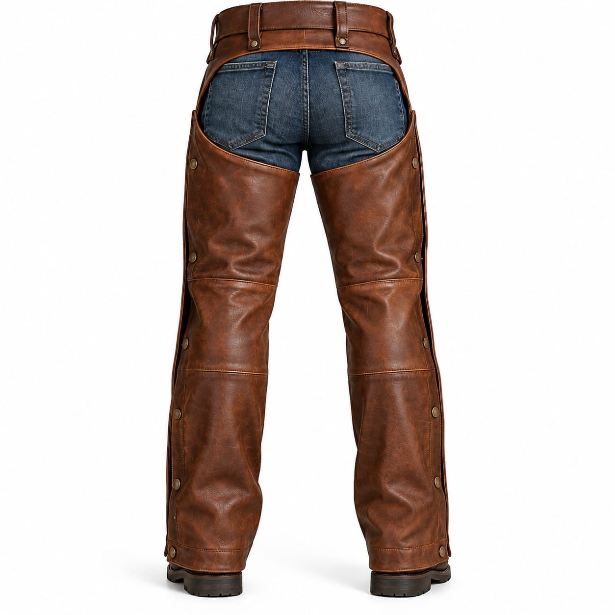 Brown leather motorcycle riding chaps with adjustable belt