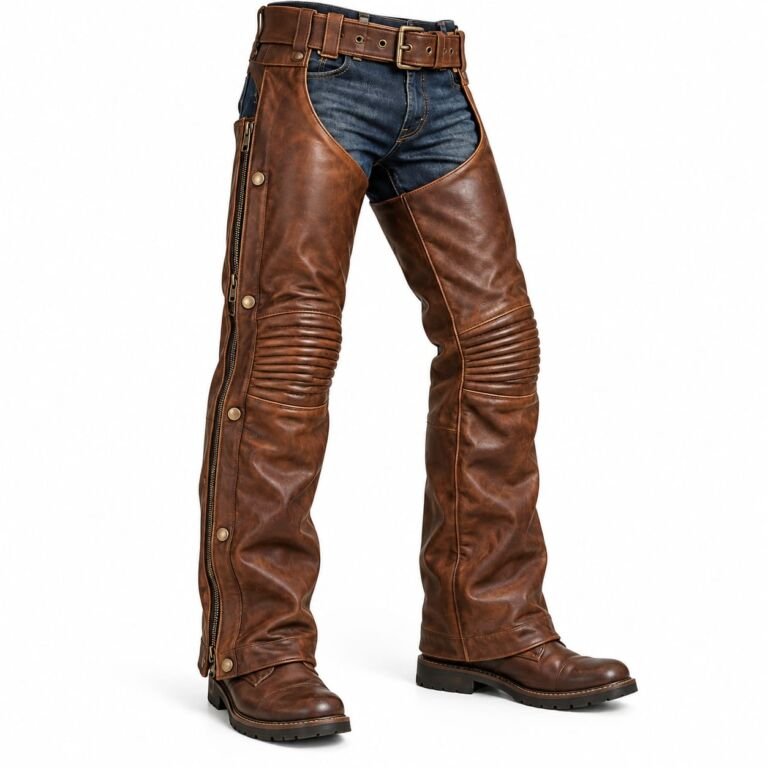 Brown leather motorcycle chaps with belt and padded knee panels
