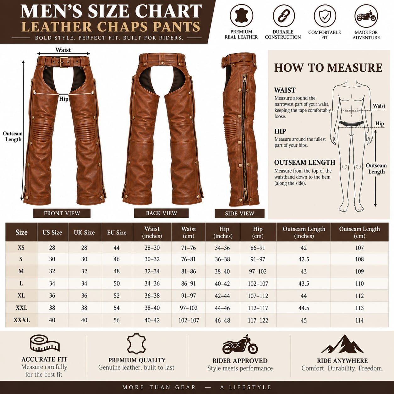 Men’s Brown Leather Motorcycle Chaps with Belt & Zippers - Image 11