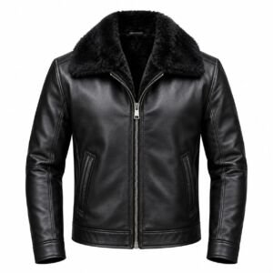 Black leather full fur jacket with plush fur collar and warm interior lining