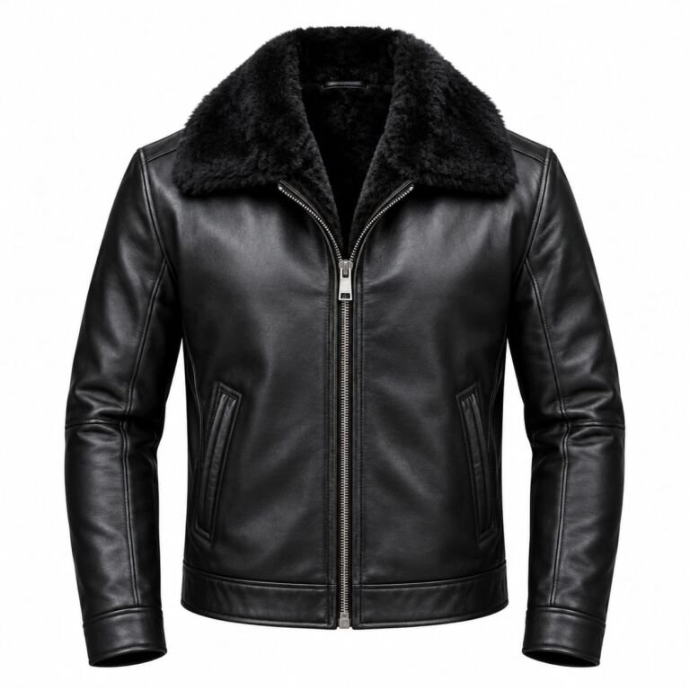 Black leather full fur jacket with plush fur collar and warm interior lining
