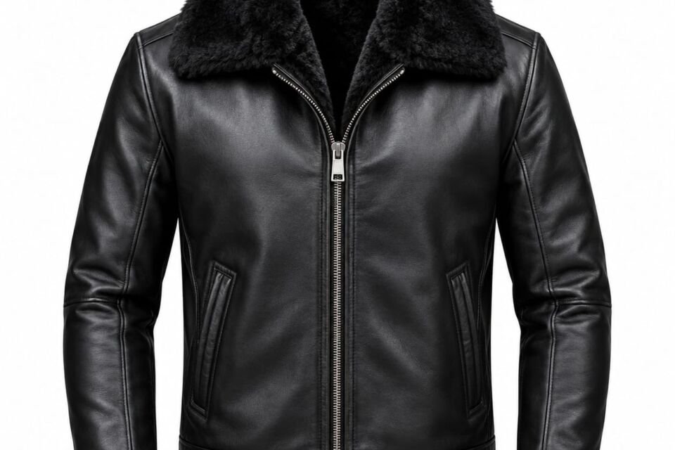 Black leather full fur jacket with plush fur collar and warm interior lining