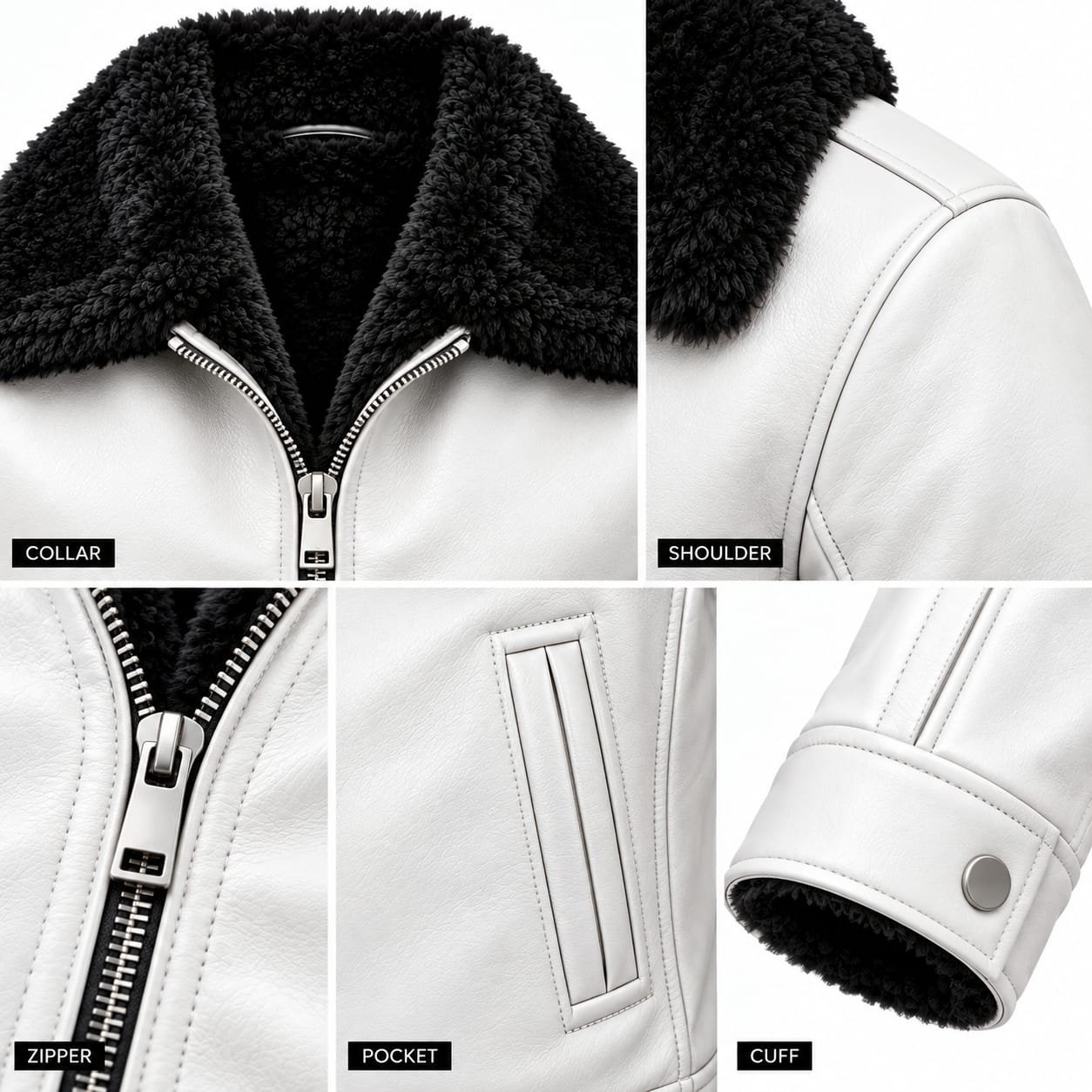 White leather shearling jacket back view with black fur collar