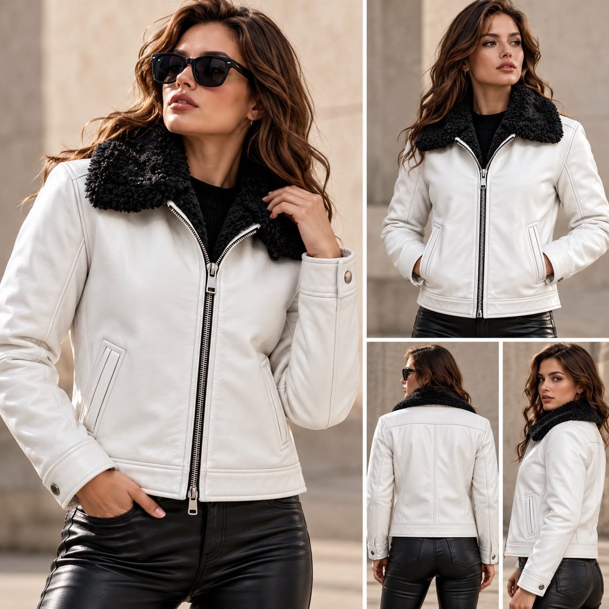 Unisex White Leather Full Fur Jacket | Black Shearling Lined Winter Bomber Jacket - Image 6