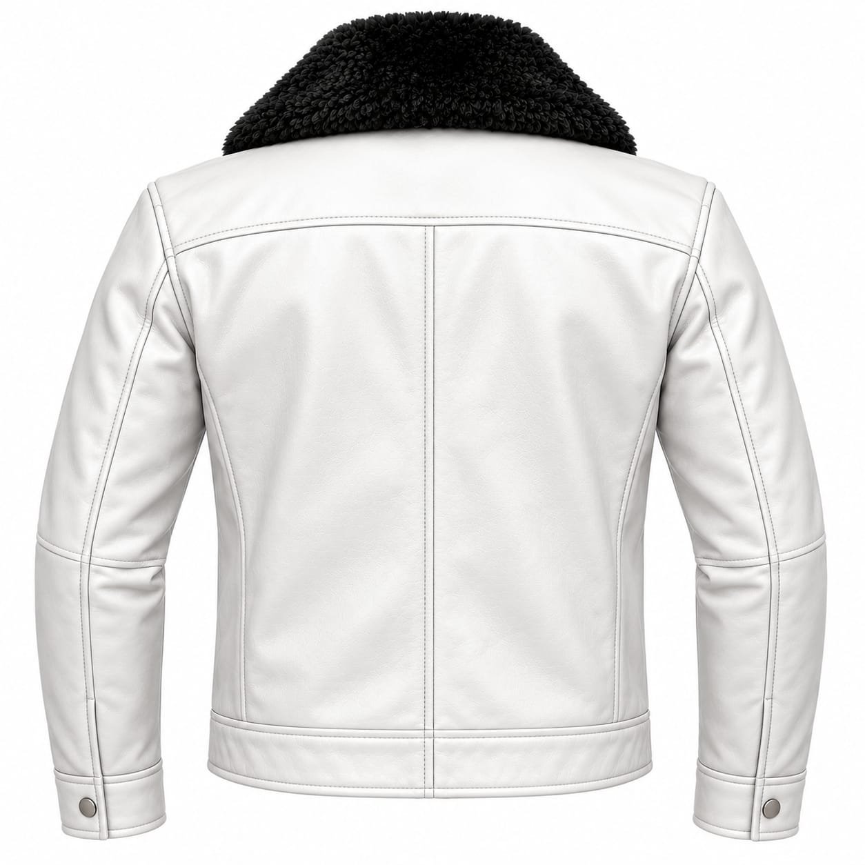 White leather shearling jacket back view with black fur collar