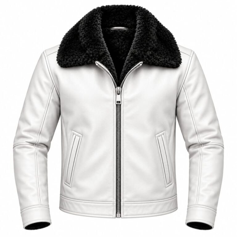 White leather jacket with full black fur lining for men and women
