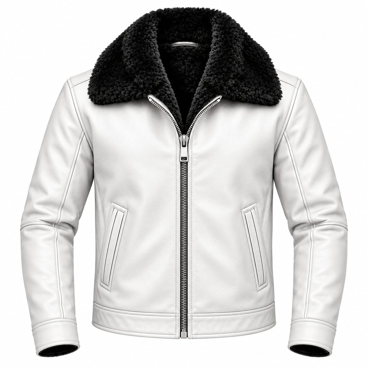 White leather jacket with full black fur lining for men and women