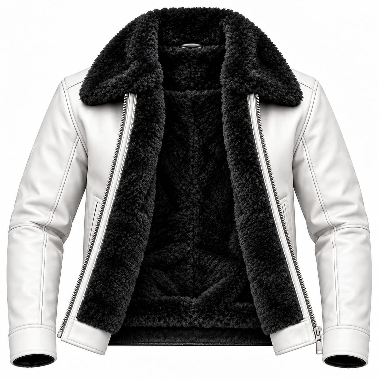 White leather shearling jacket back view with black fur collar