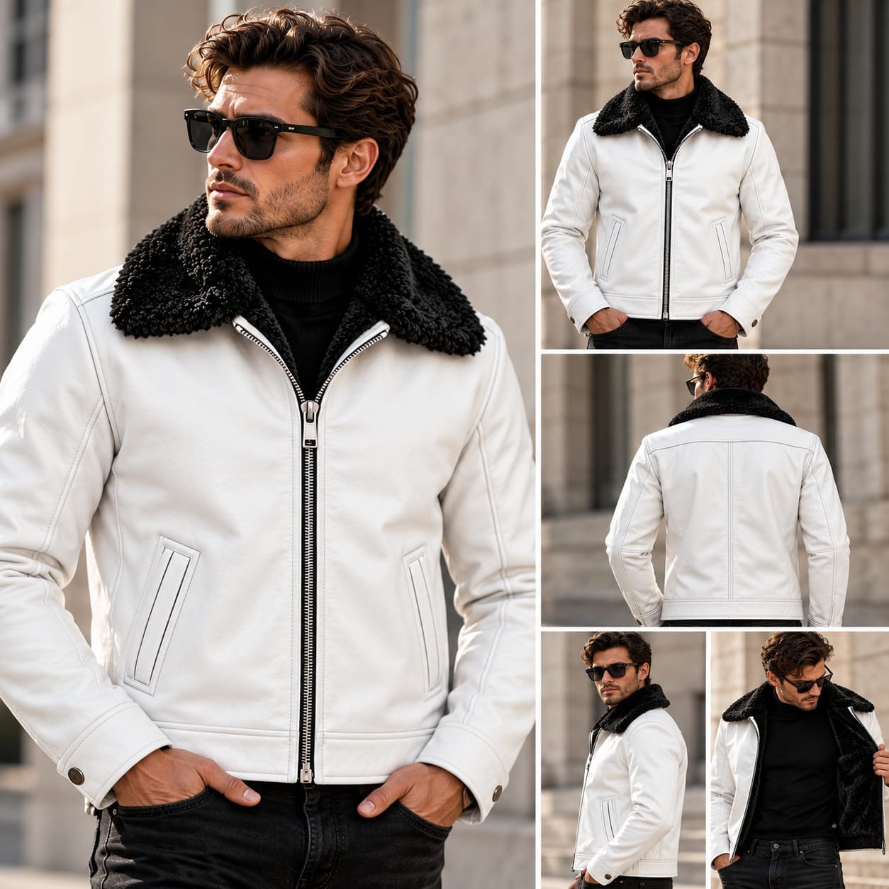 White leather shearling jacket back view with black fur collar