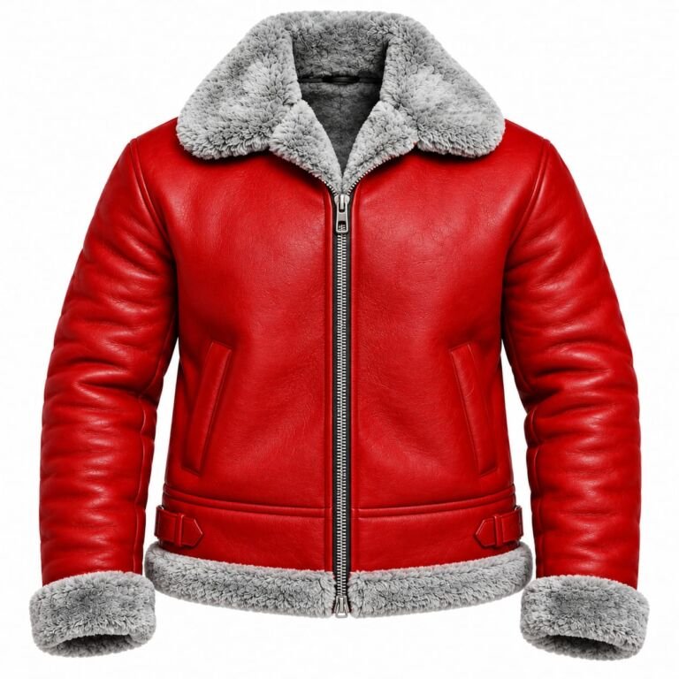 Men’s red leather shearling jacket with gray fur collar, cuffs, and hem on white background