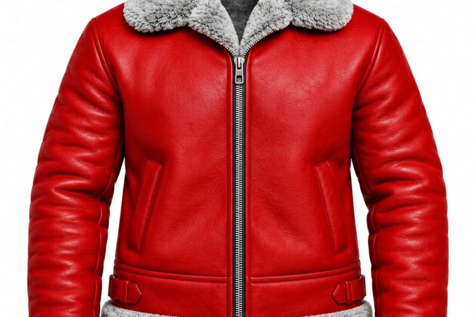 Men’s red leather shearling jacket with gray fur collar, cuffs, and hem on white background