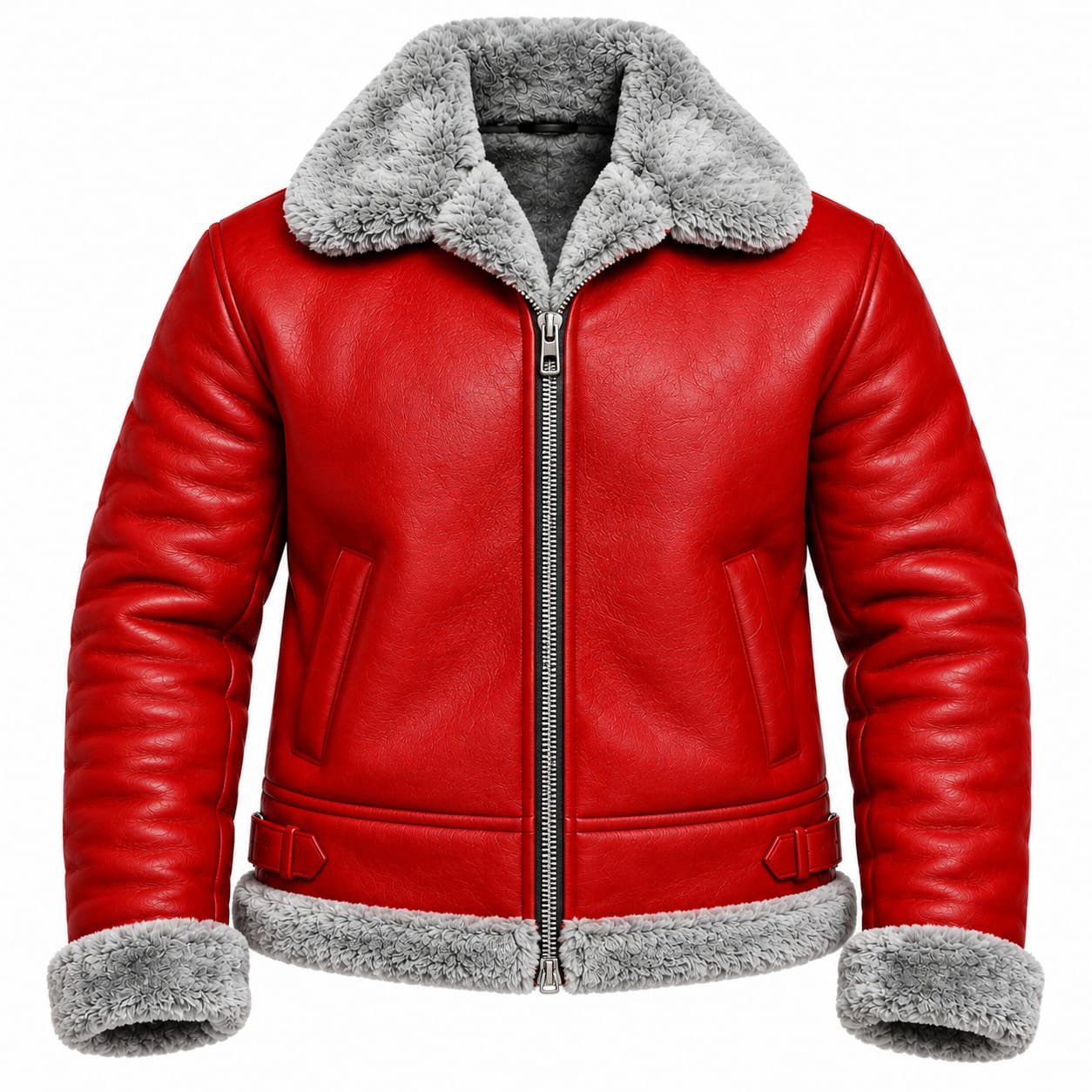 Men’s red leather shearling jacket with gray fur collar, cuffs, and hem on white background