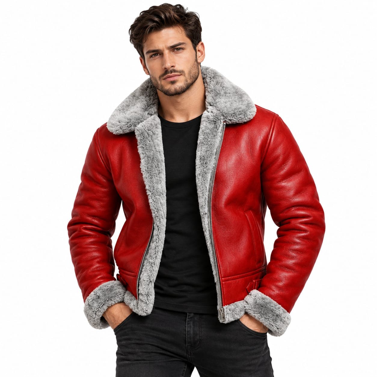 Men’s Red Leather Shearling Jacket | Genuine Leather Aviator B3 Winter Coat - Image 4