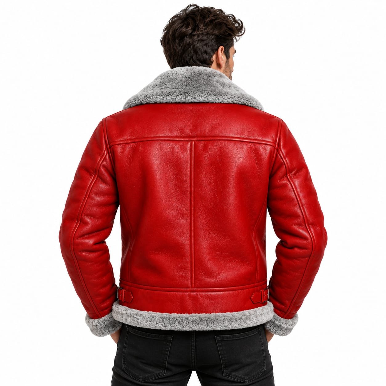 Men’s Red Leather Shearling Jacket | Genuine Leather Aviator B3 Winter Coat - Image 5