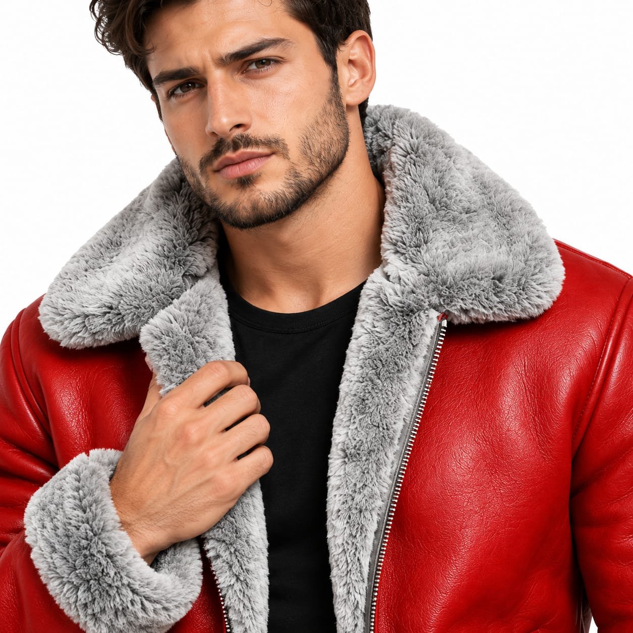 Men’s Red Leather Shearling Jacket | Genuine Leather Aviator B3 Winter Coat - Image 9