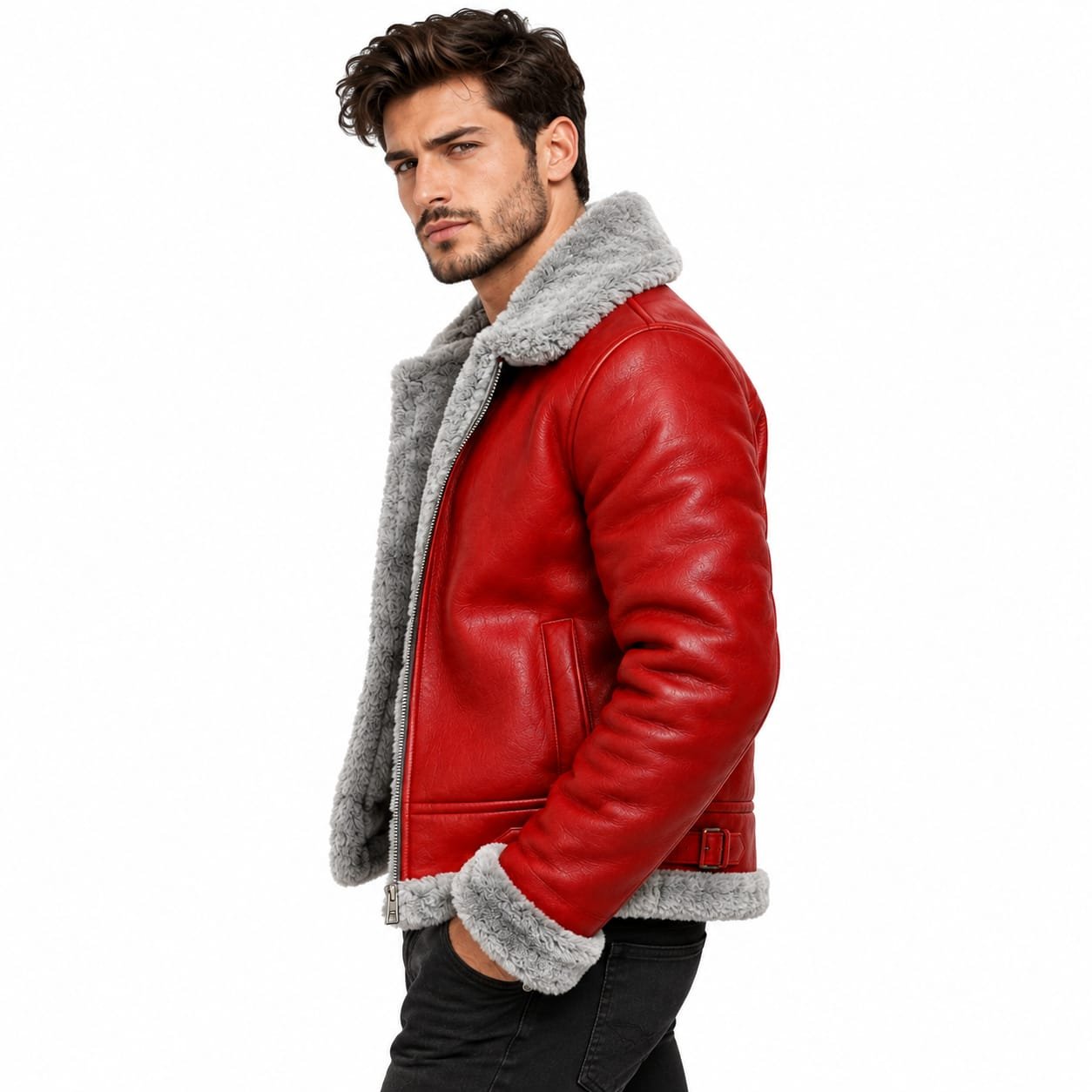 Men’s Red Leather Shearling Jacket | Genuine Leather Aviator B3 Winter Coat - Image 6