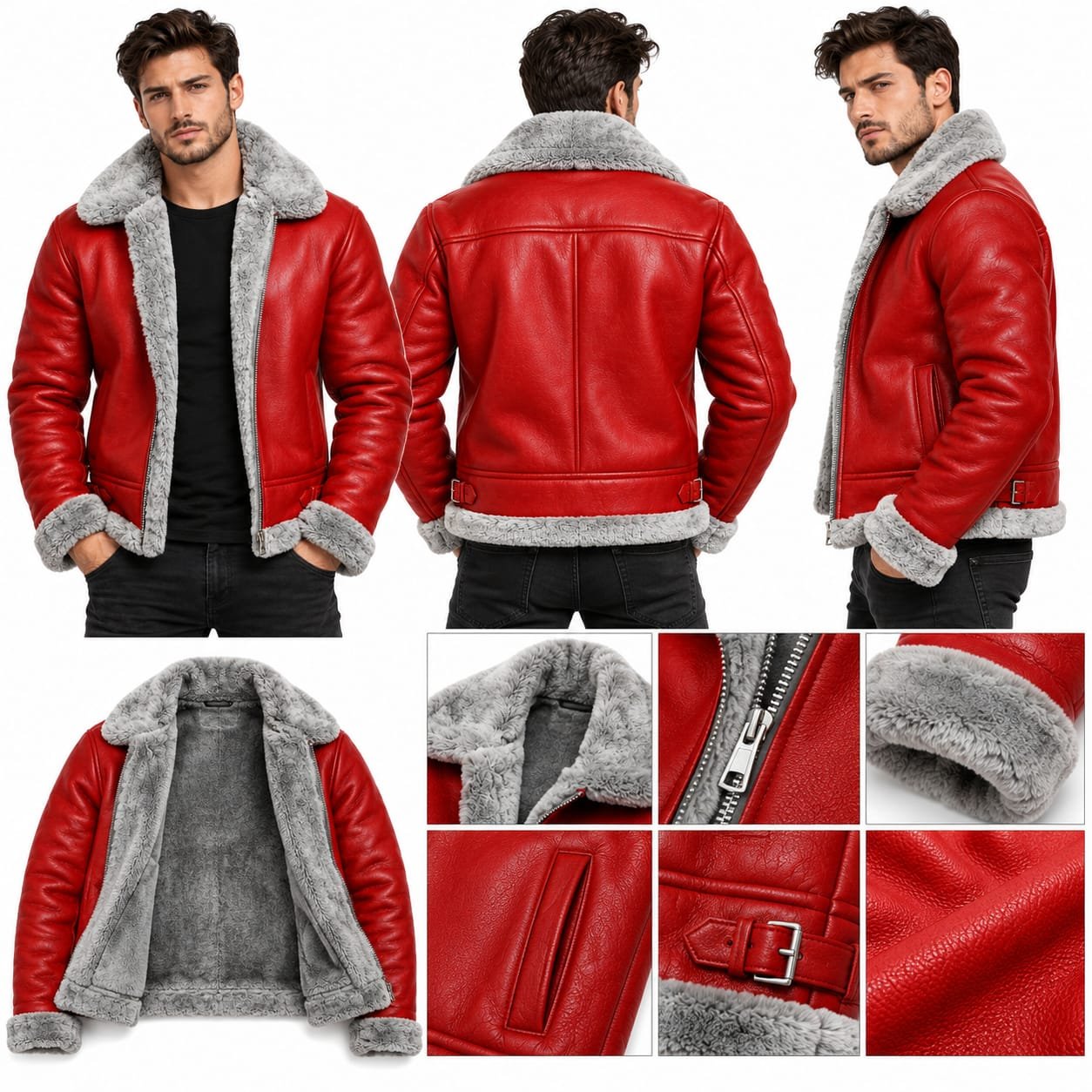 Men’s Red Leather Shearling Jacket | Genuine Leather Aviator B3 Winter Coat - Image 7
