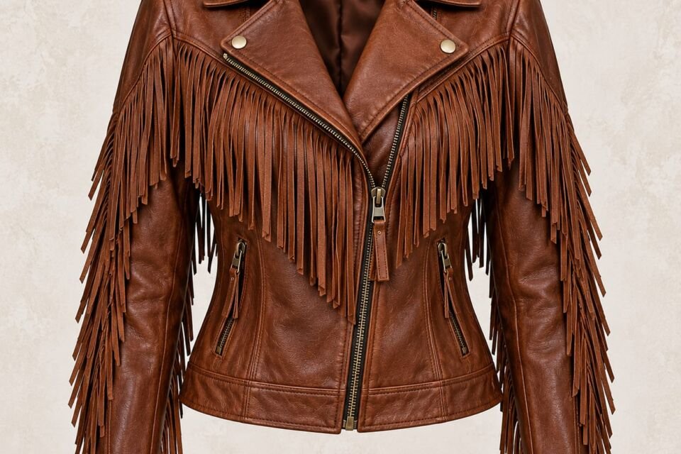 Brown leather fringe biker jacket with asymmetric zipper, wide lapels, shoulder epaulettes, and long leather fringe