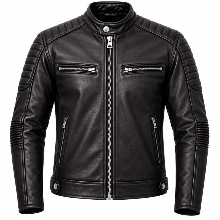 Men’s black leather biker jacket with quilted shoulders, elbows, multiple zip pockets, stand collar, and zippered cuffs on a white background.