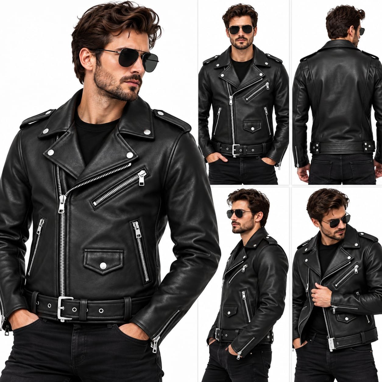 Men’s black leather biker jacket with wide lapels, shoulder epaulettes, multiple zip pockets, adjustable waist belt, and zipped cuffs on a white background.