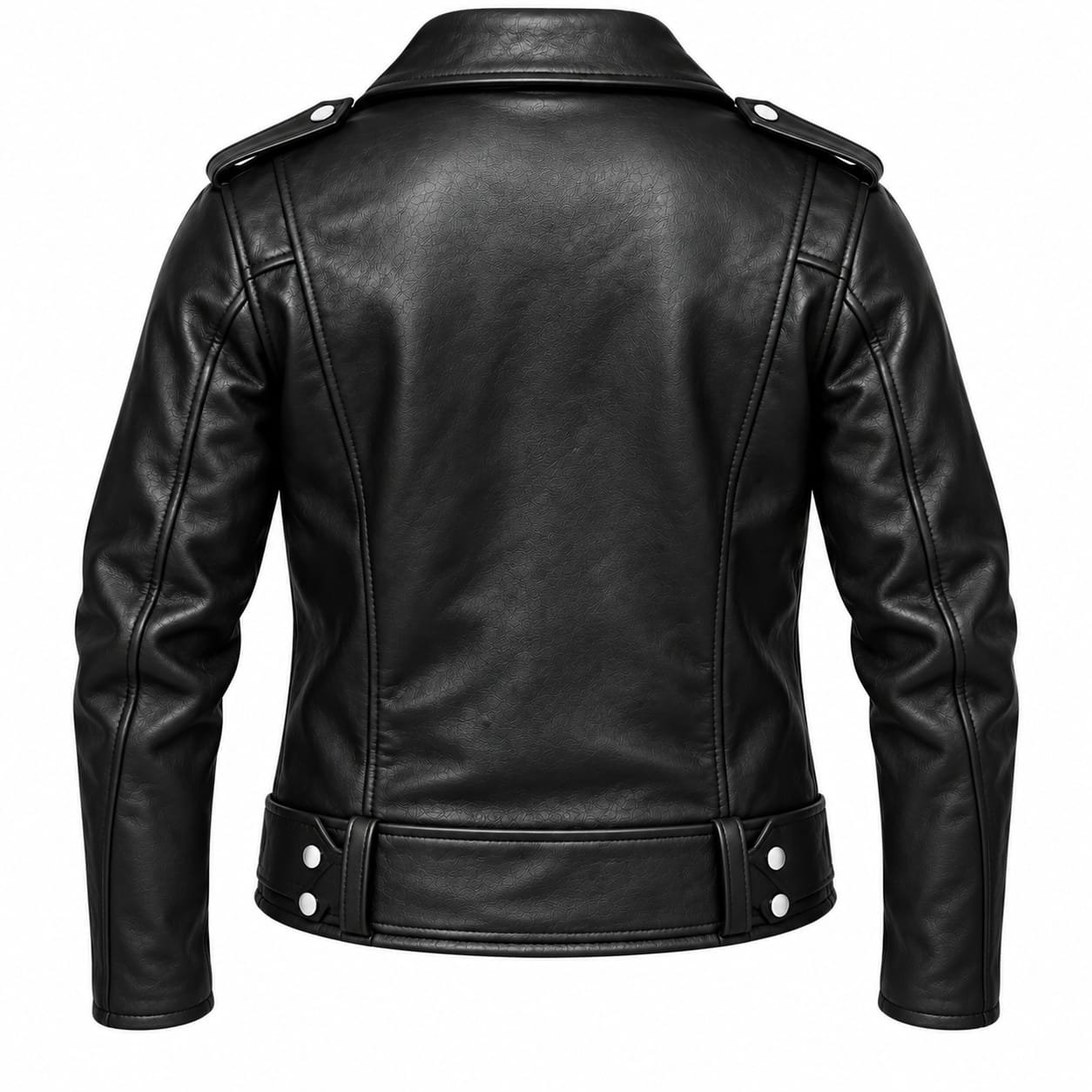 Men’s black leather biker jacket with wide lapels, shoulder epaulettes, multiple zip pockets, adjustable waist belt, and zipped cuffs on a white background.