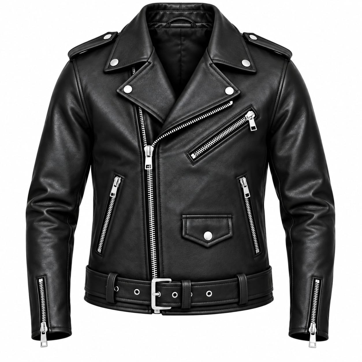 Men’s black leather biker jacket with wide lapels, shoulder epaulettes, multiple zip pockets, adjustable waist belt, and zipped cuffs on a white background.