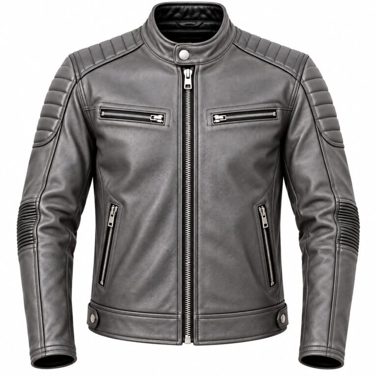 Men's grey leather motorcycle jacket with padded shoulders