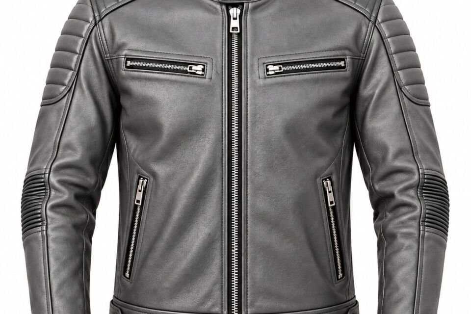 Men's grey leather motorcycle jacket with padded shoulders