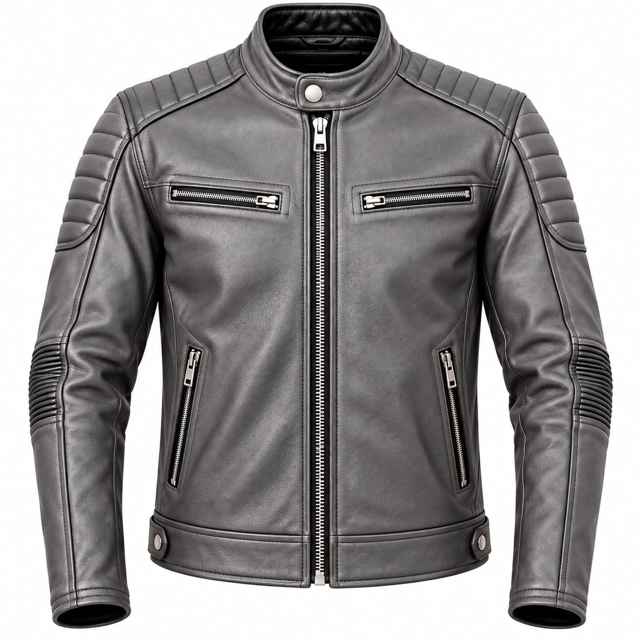 Men's grey leather motorcycle jacket with padded shoulders
