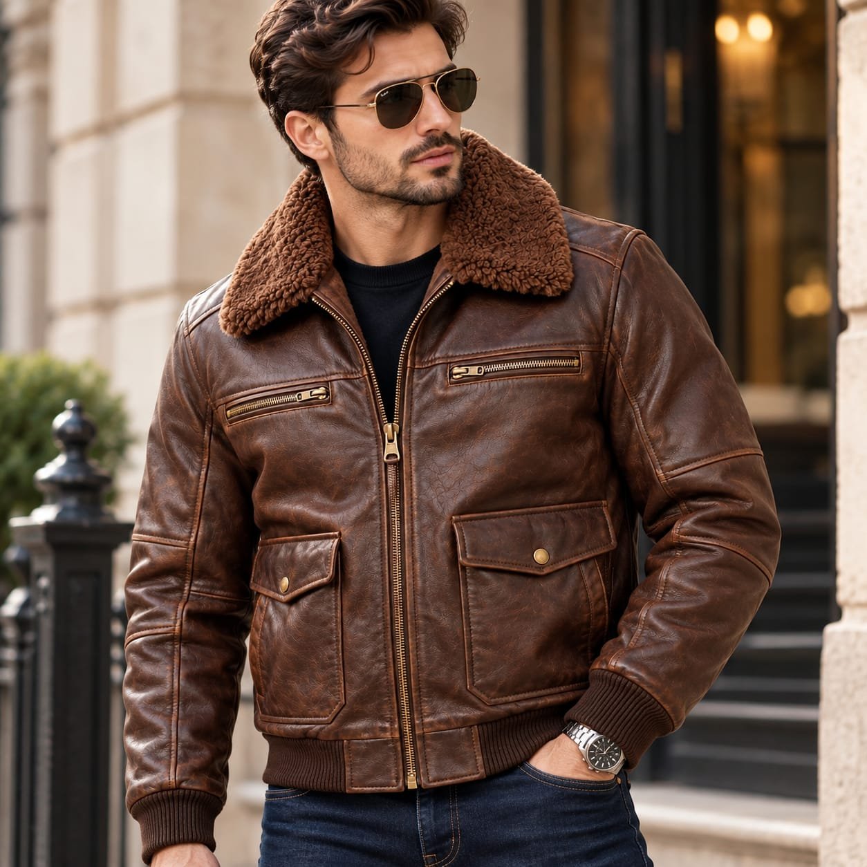 Men’s brown leather shearling collar bomber jacket with zippered chest pockets, flap cargo pockets, rib-knit cuffs and waistband on white background.
