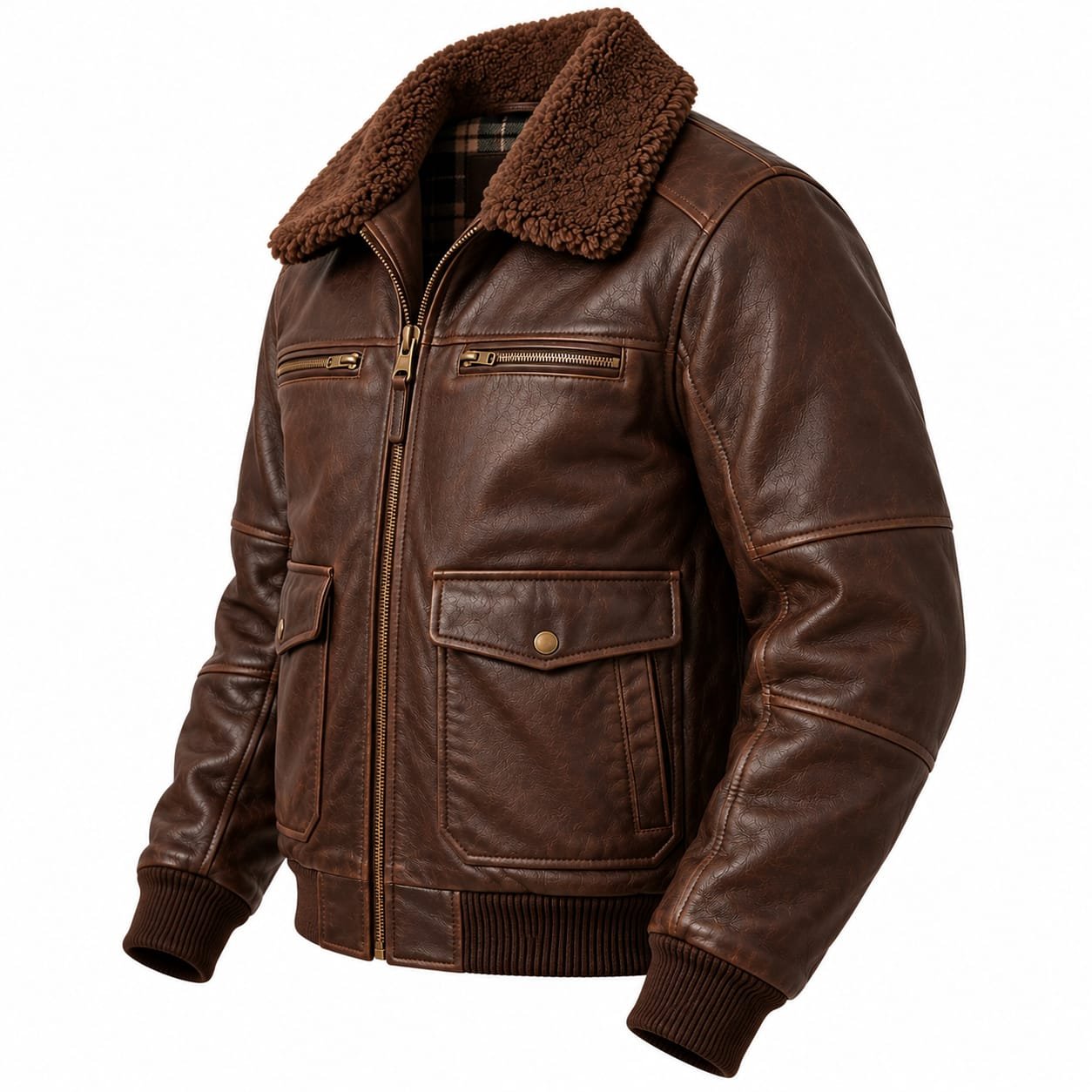 Men’s brown leather shearling collar bomber jacket with zippered chest pockets, flap cargo pockets, rib-knit cuffs and waistband on white background.