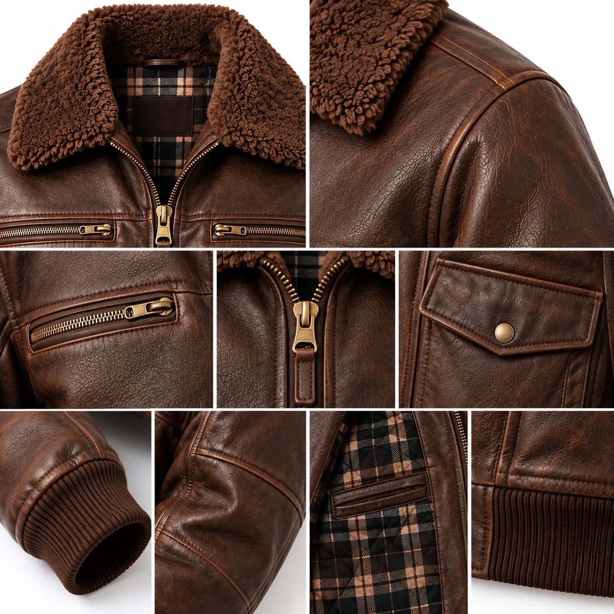 Men’s Brown Leather Shearling Collar Bomber Jacket | Winter Flight Jacket - Image 5