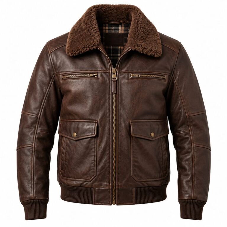 Men’s brown leather shearling collar bomber jacket with zippered chest pockets, flap cargo pockets, rib-knit cuffs and waistband on white background.