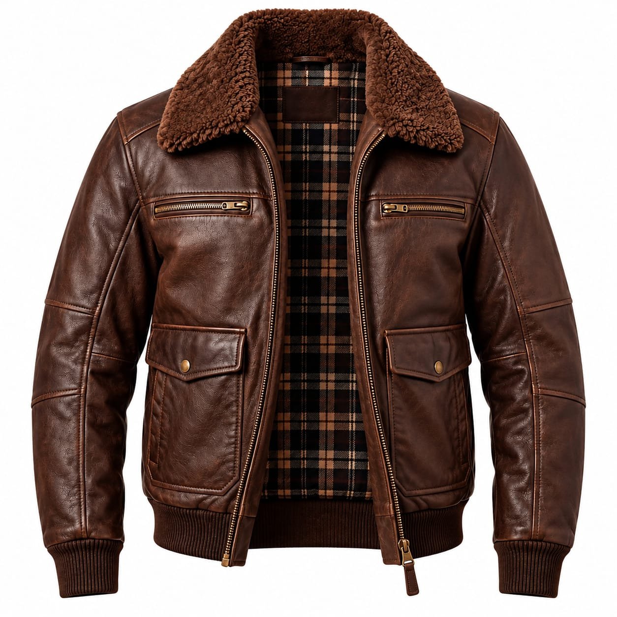 Men’s brown leather shearling collar bomber jacket with zippered chest pockets, flap cargo pockets, rib-knit cuffs and waistband on white background.