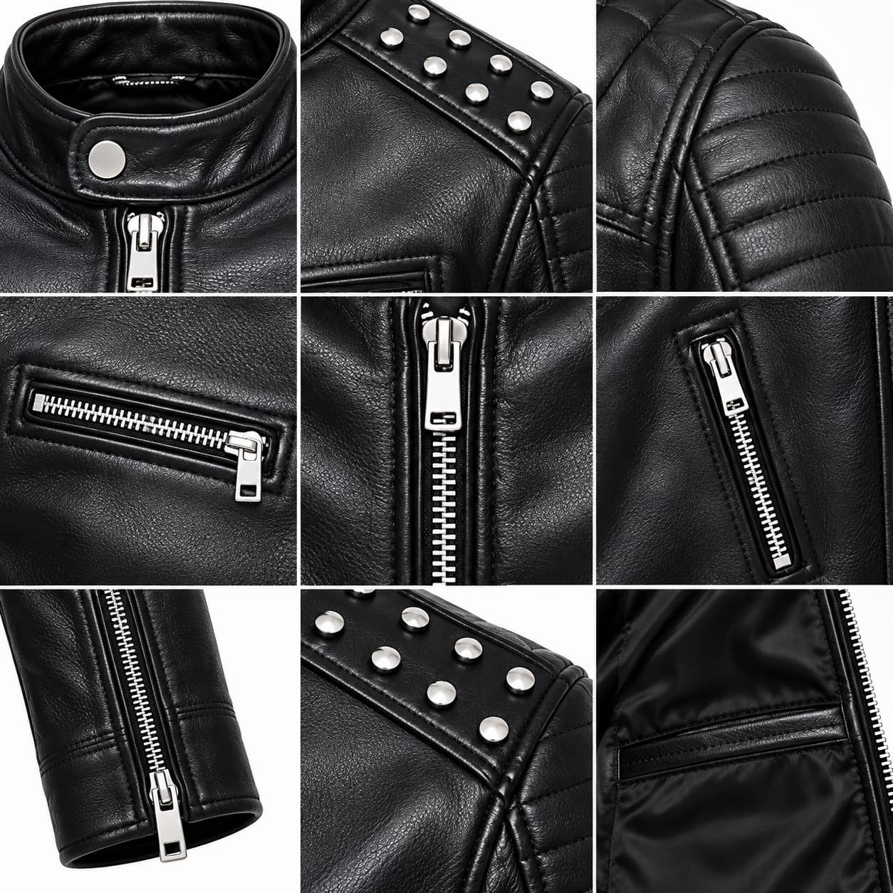 Black Studded Leather Biker Jacket | Men's Motorcycle Jacket with Quilted Shoulders - Image 4