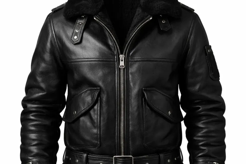 Main image: Black shearling aviator leather jacket for men, front view, featuring a warm shearling collar, zip closure, utility pockets, waist belt, and adjustable cuffs